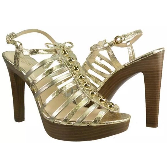 Coach Sarafina Sz 5.5 Gold Metalic Cage Platform Stiletto Heels Strappy Sandal - Picture 1 of 10